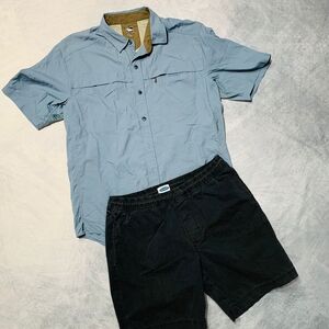 Blue Short Sleeve Shirt and Black Shorts Set